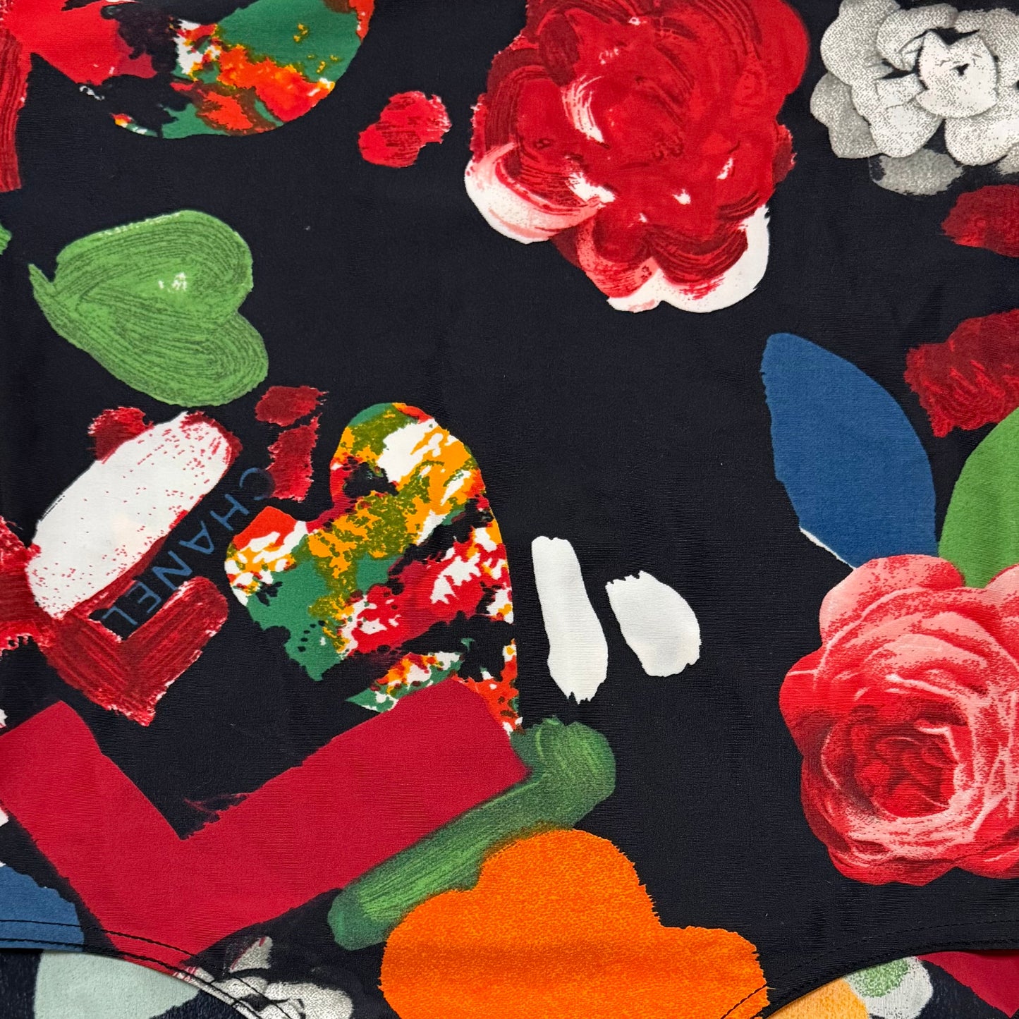 CHANEL Spring Summer 1992 Logo Abstract Floral One-Piece Swimsuit