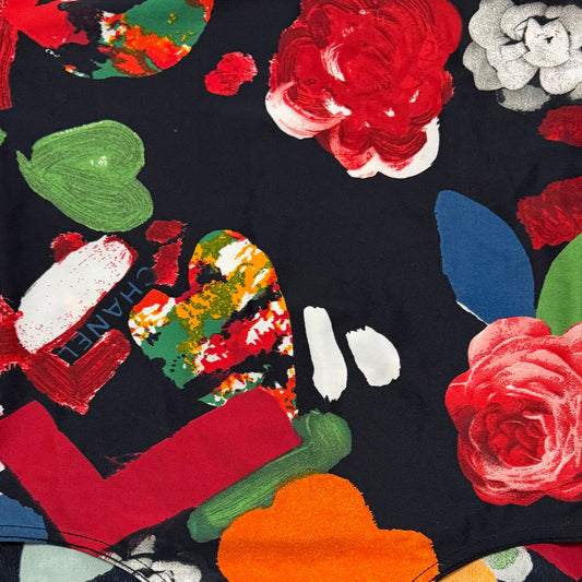 CHANEL Spring Summer 1992 Logo Abstract Floral One-Piece Swimsuit
