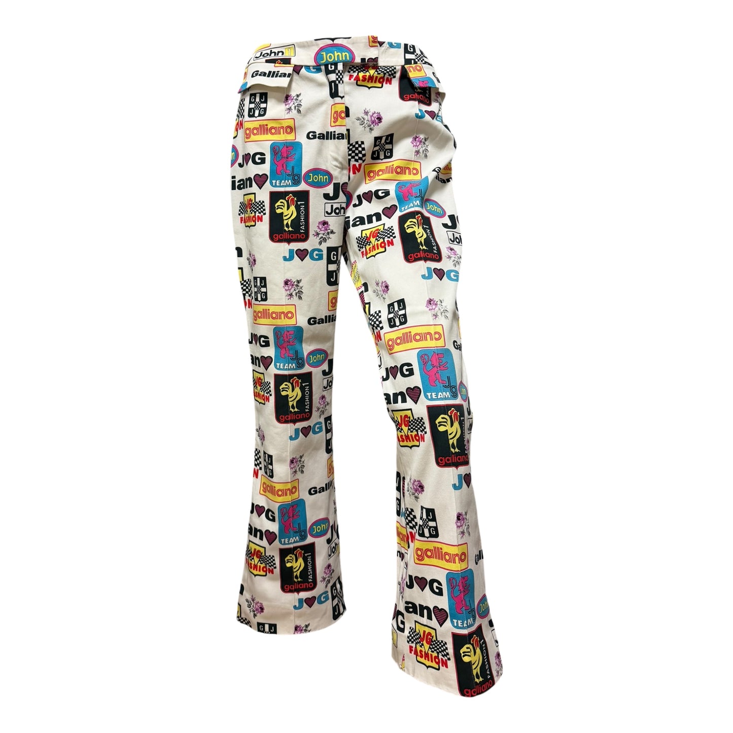 JOHN GALLIANO Spring Summer 2002 Logo & Graphic Print Bootcut Flared Pants