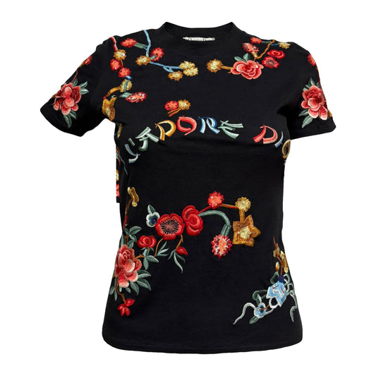 CHRISTIAN DIOR 2001 Oriental Koi Fish Embroidered Sequin Floral T-Shirt
