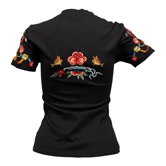CHRISTIAN DIOR 2001 Oriental Koi Fish Embroidered Sequin Floral T-Shirt