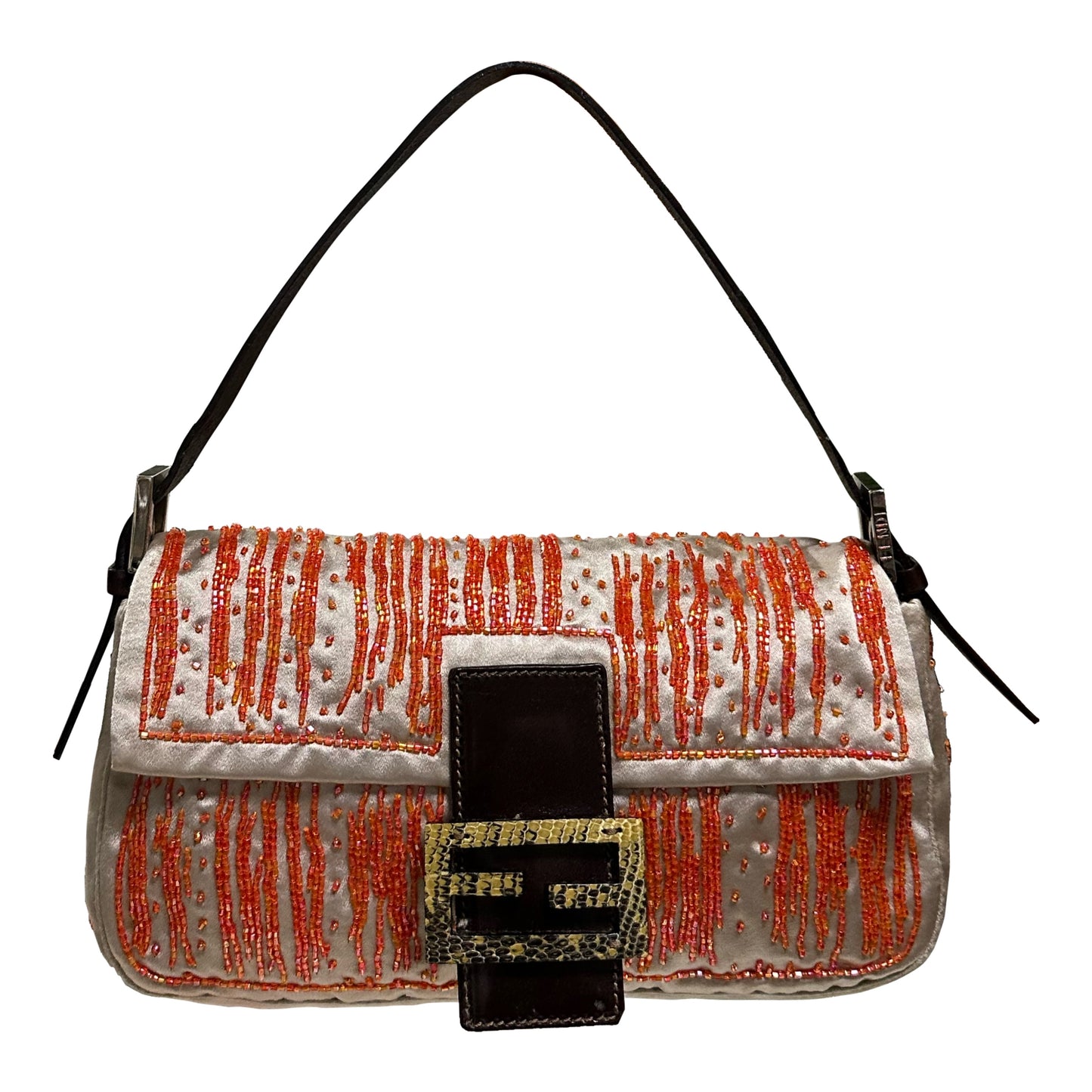 FENDI Fall Winter 1999 Silk Beaded Python Leather Baguette Bag