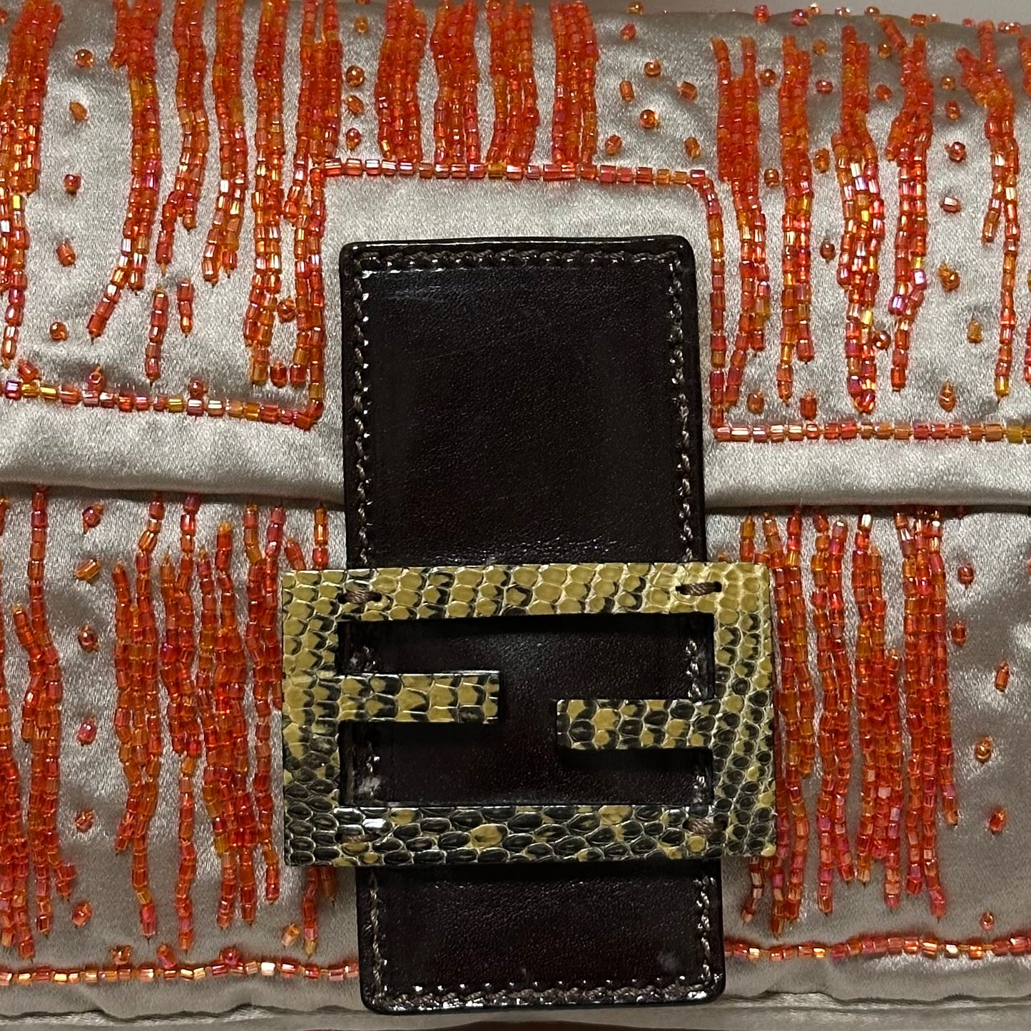 FENDI Fall Winter 1999 Silk Beaded Python Leather Baguette Bag