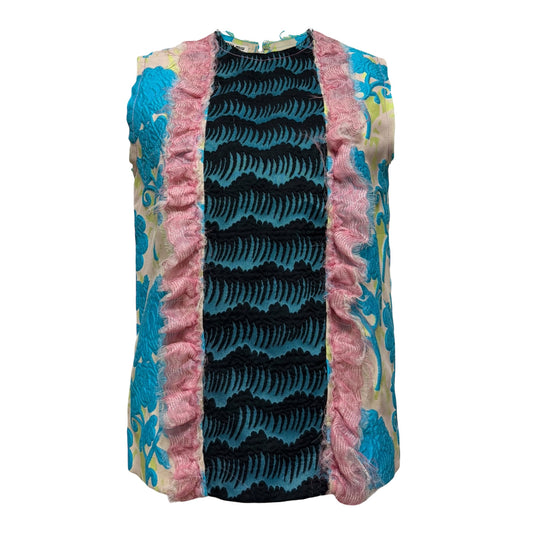 MIU MIU Spring Summer 2015 Cloqué Peony Pattern Sleeveless Top with Ruffle Trim