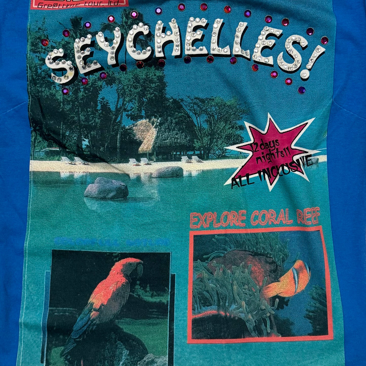 D&G Vintage “SEYCHELLES!” Tropical Graphic Rhinestone T-Shirt