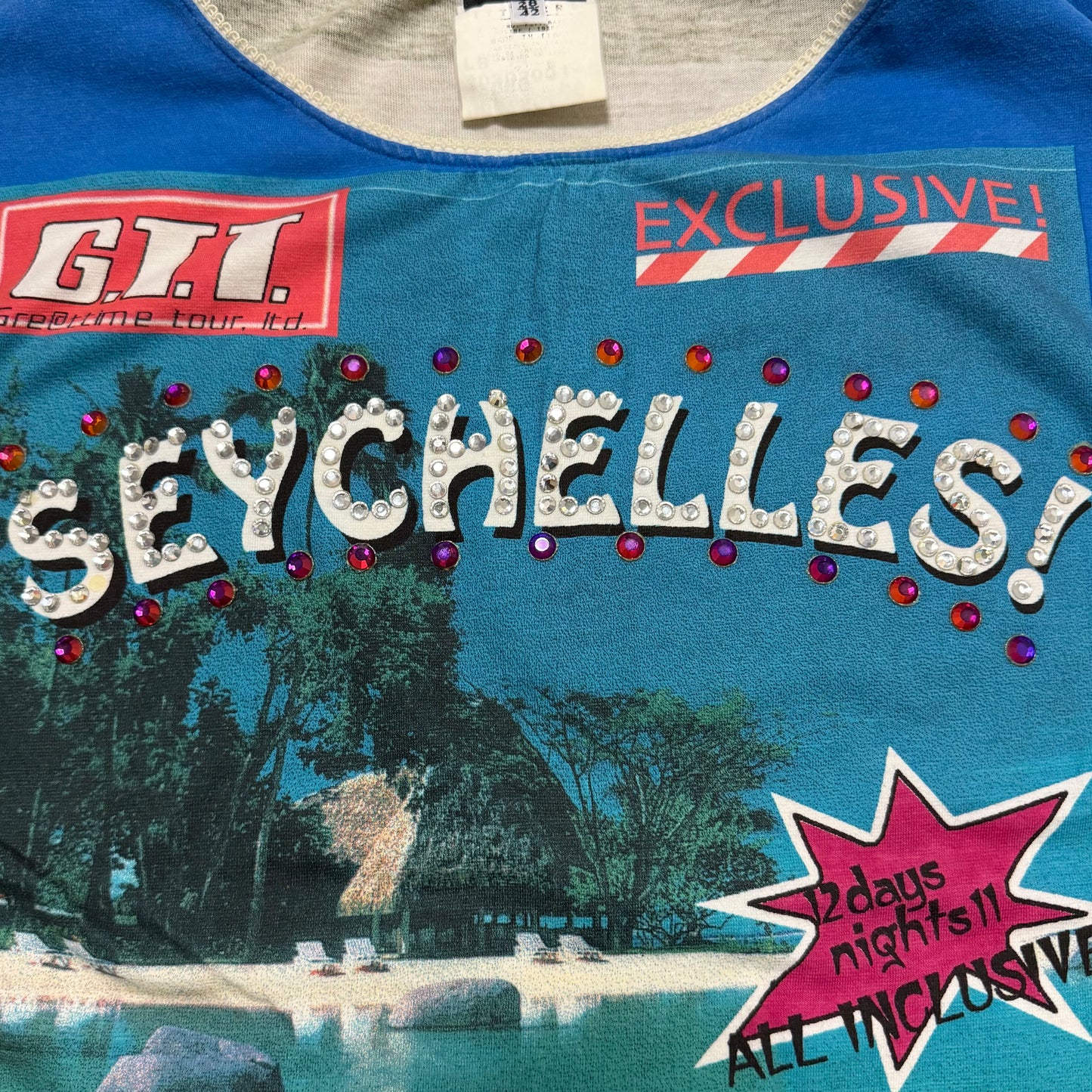 D&G Vintage “SEYCHELLES!” Tropical Graphic Rhinestone T-Shirt