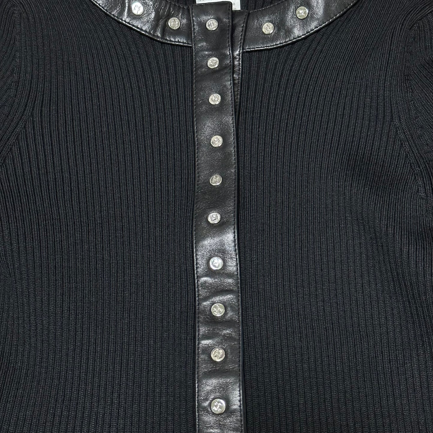 CELINE Studded Leather Trim Ribbed Knit Cardigan