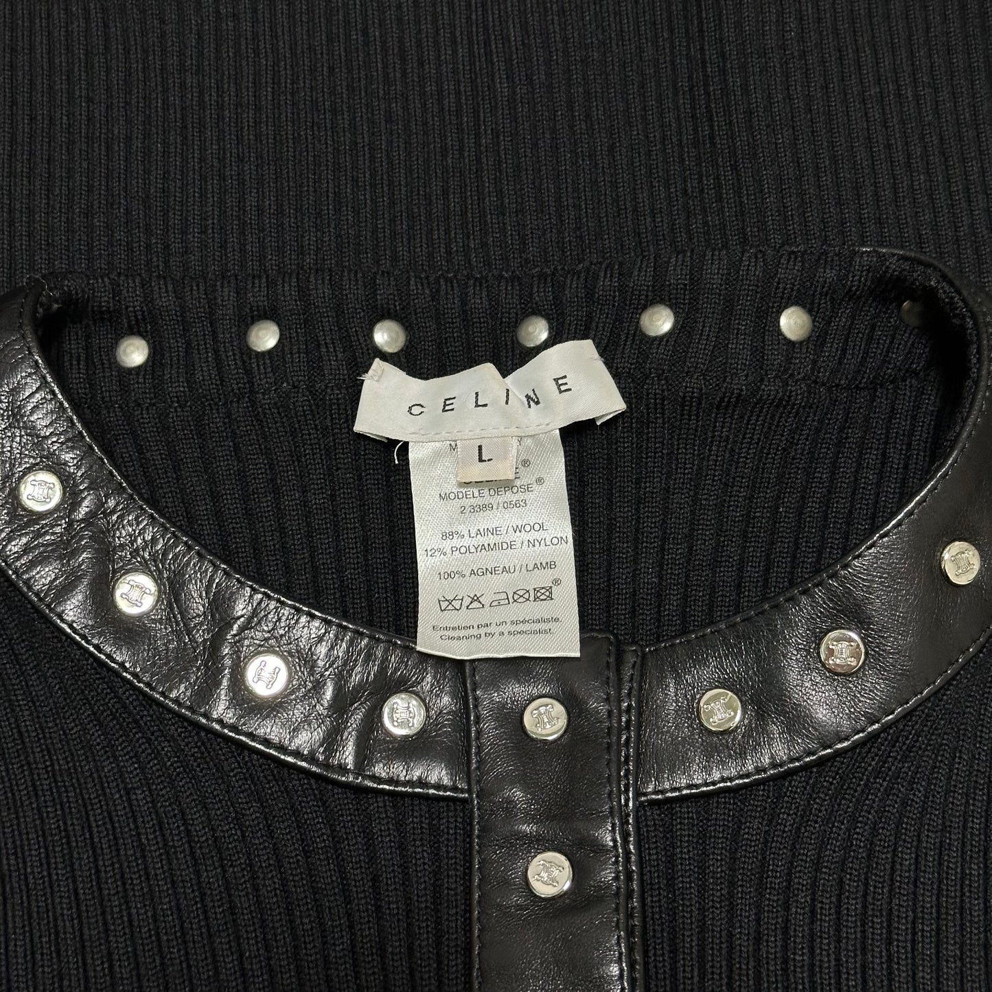 CELINE Studded Leather Trim Ribbed Knit Cardigan