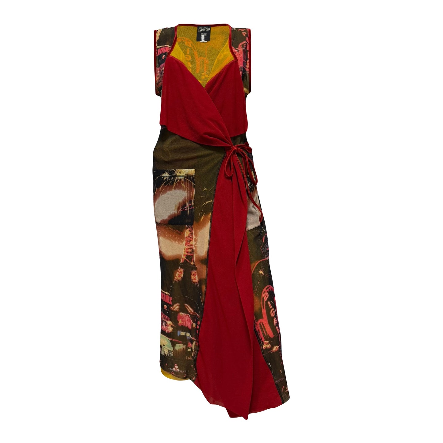 JEAN PAUL GAULTIER Fall 2000 Couture Paris Eiffel Tower City Lights Print Mesh Wrap Dress
