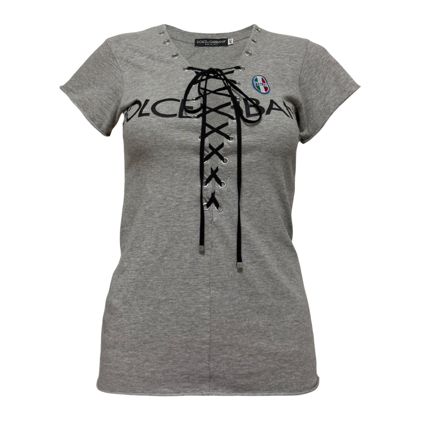 DOLCE&GABBANA Spring Summer 2003 Plunging Lace-Up Logo Print T-Shirt