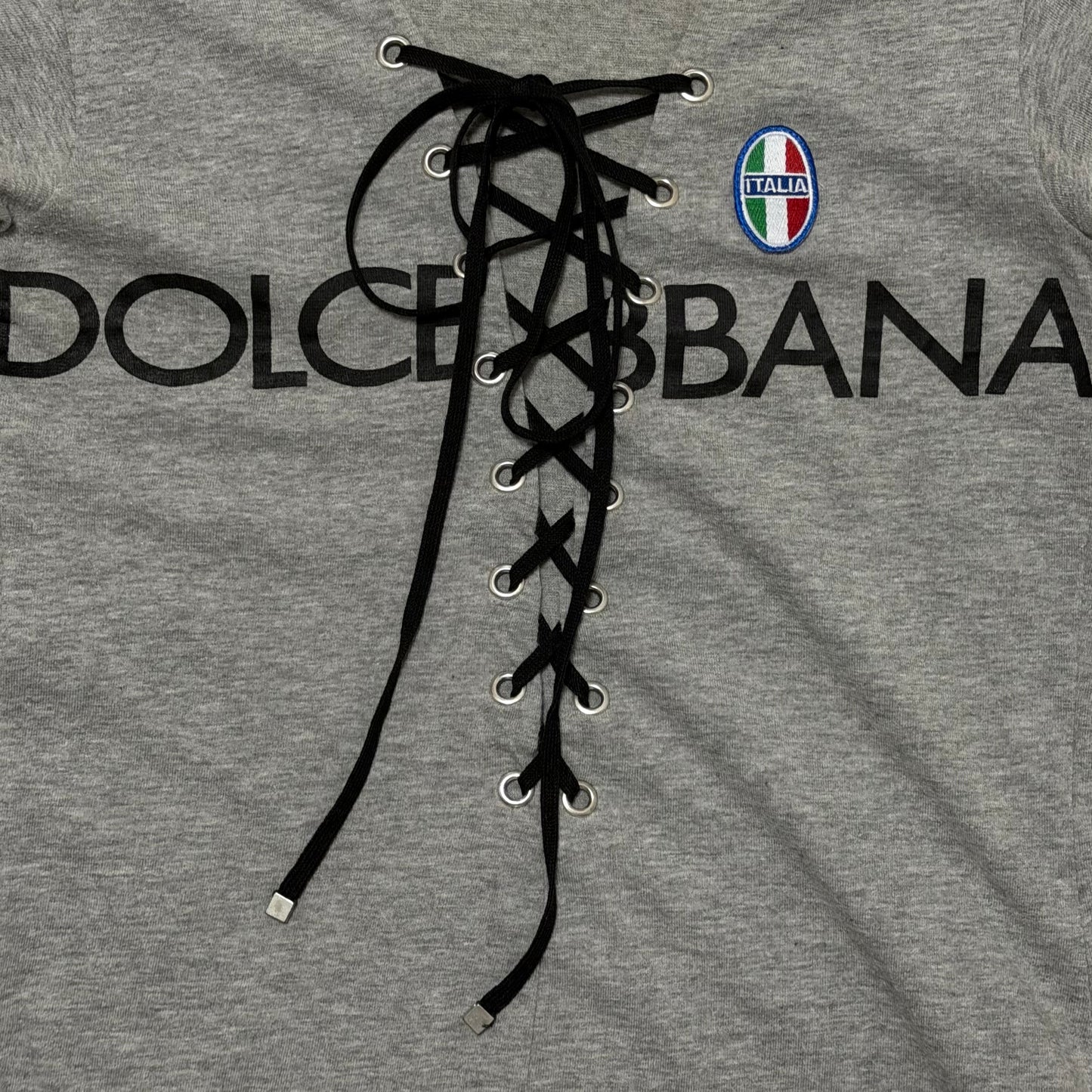 DOLCE&GABBANA Spring Summer 2003 Plunging Lace-Up Logo Print T-Shirt