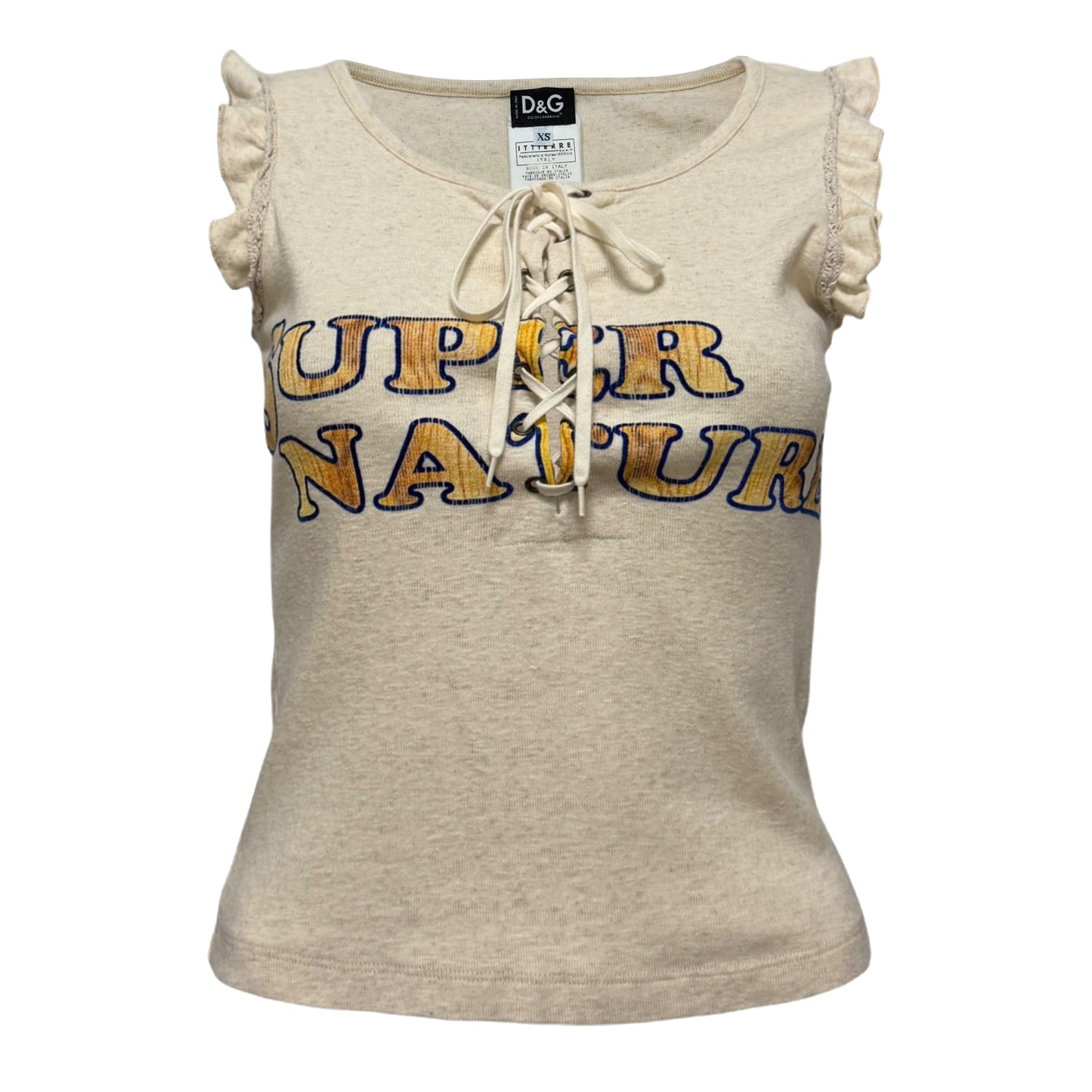 D&G Vintage "SUPER NATURE ORIGINAL SIN" Lace-Up Ruffle Sleeve Tank Top