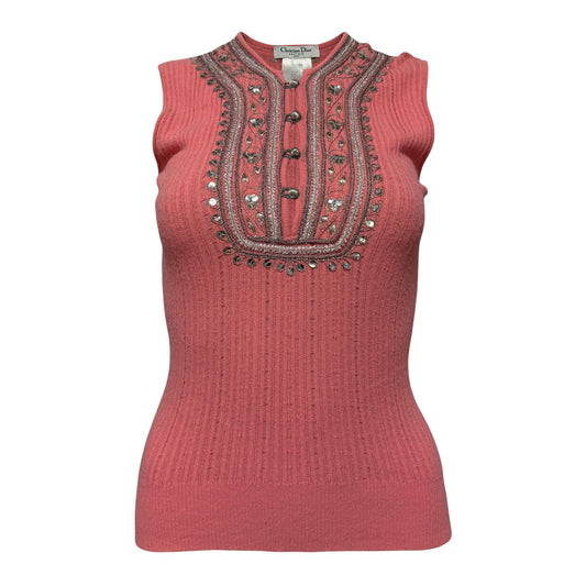 CHRISTIAN DIOR 2005 Vintage Ribbed Knit Embroidered Sequin Tank Top