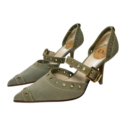 CHRISTIAN DIOR Spring Summer 2002 Canvas Grommet Mary Jane Heels with Logo Charm
