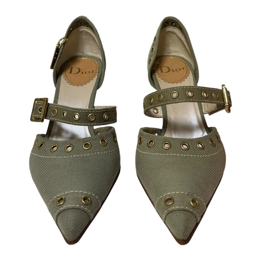 CHRISTIAN DIOR Spring Summer 2002 Canvas Grommet Mary Jane Heels with Logo Charm
