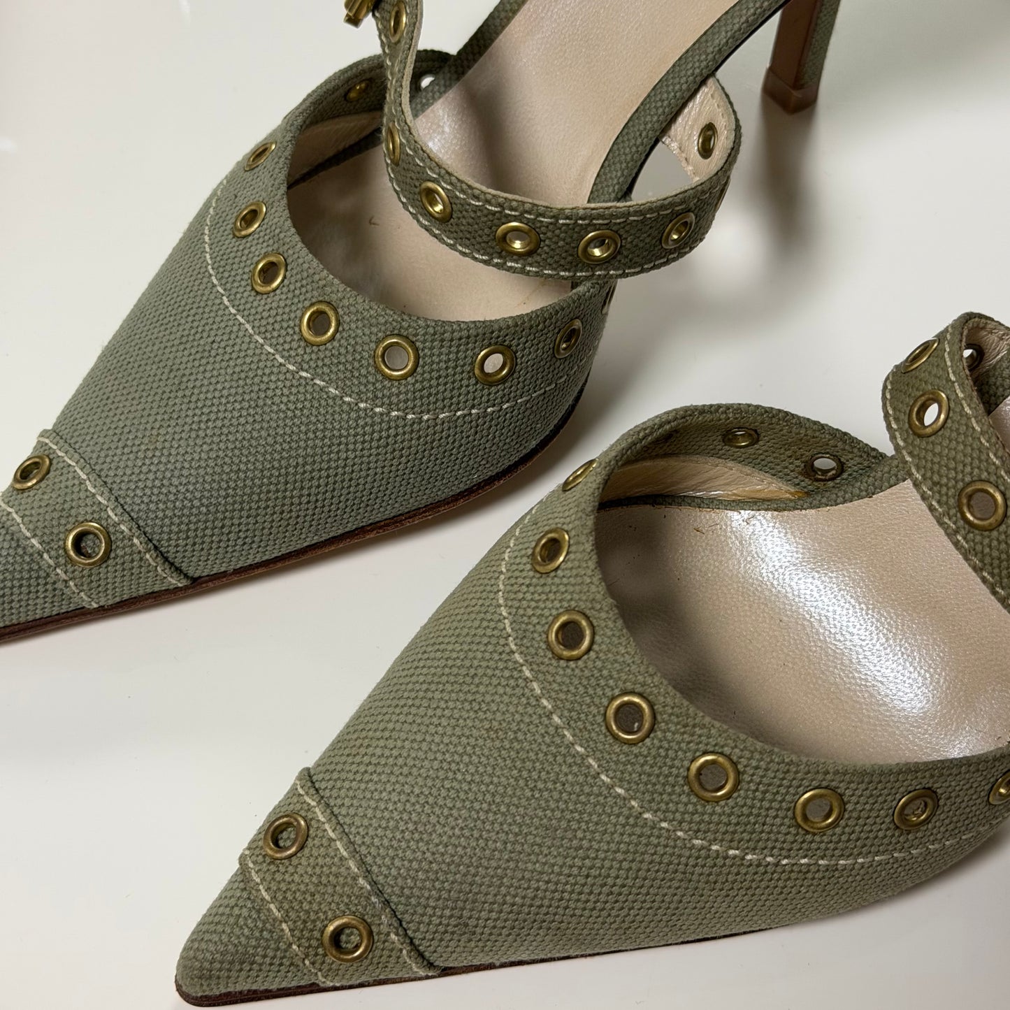 CHRISTIAN DIOR Spring Summer 2002 Canvas Grommet Mary Jane Heels with Logo Charm