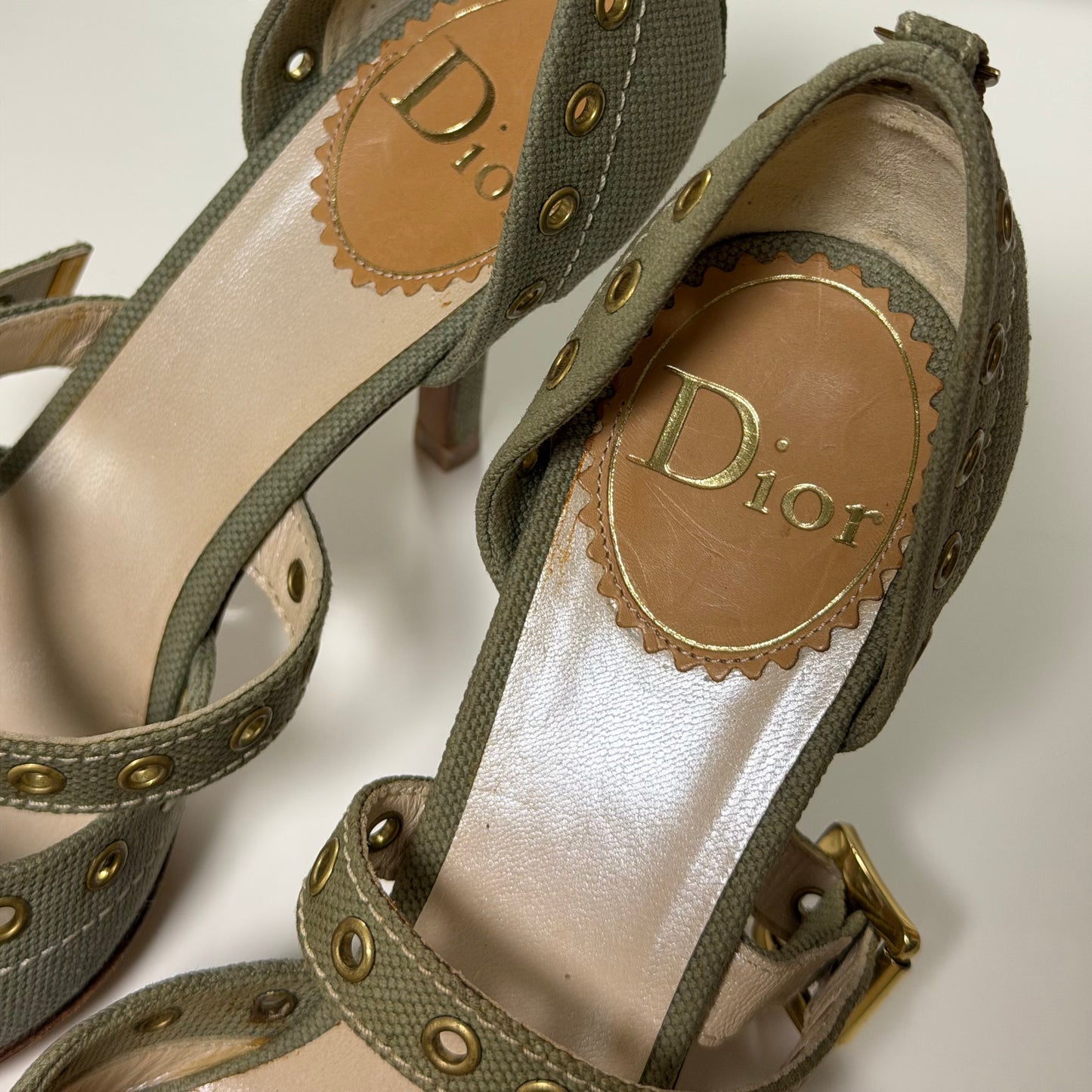 CHRISTIAN DIOR Spring Summer 2002 Canvas Grommet Mary Jane Heels with Logo Charm