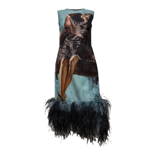 PRADA Fall Winter 2017 Robert McGinnis Illustrated Feather-Trimmed Midi Dress