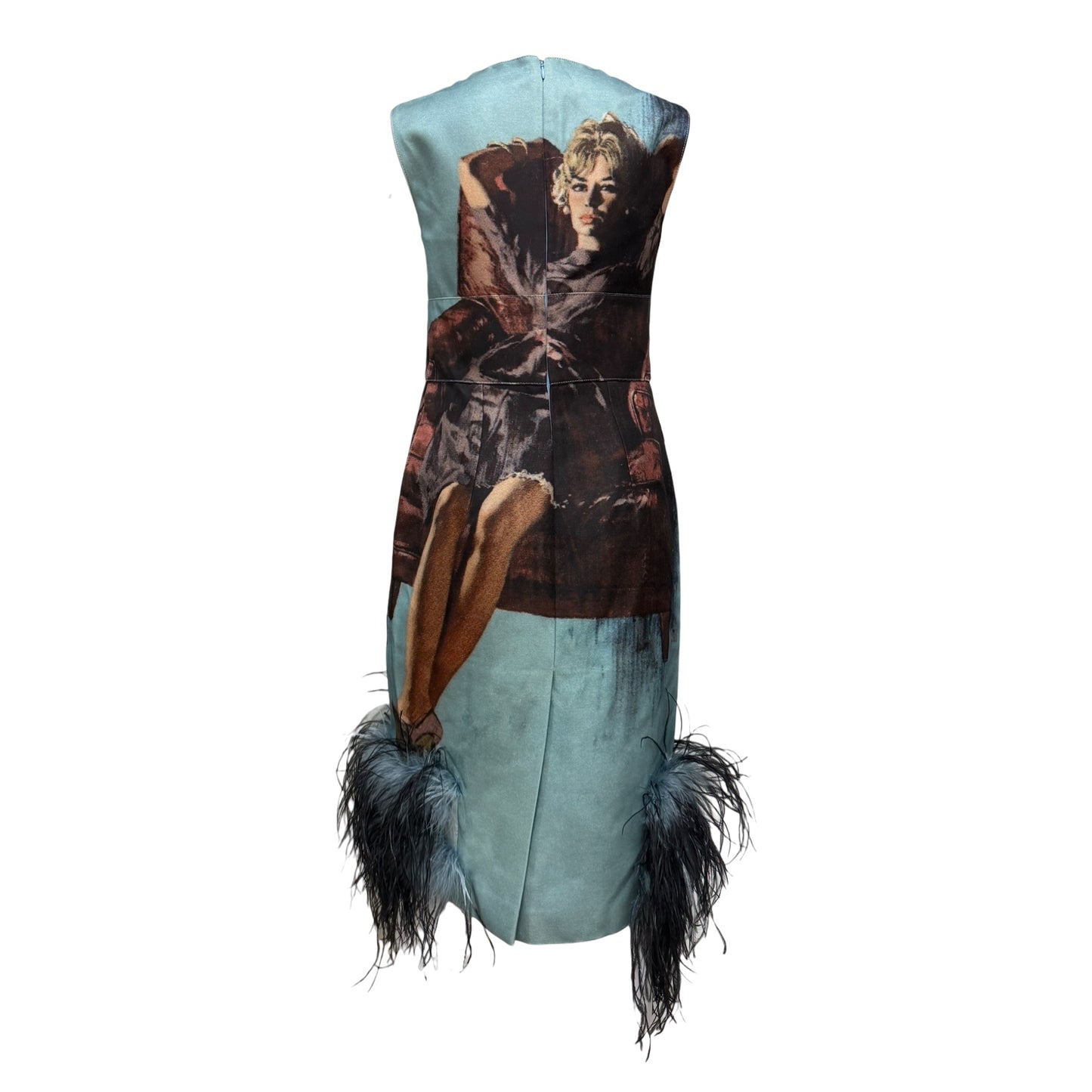 PRADA Fall Winter 2017 Robert McGinnis Illustrated Feather-Trimmed Midi Dress