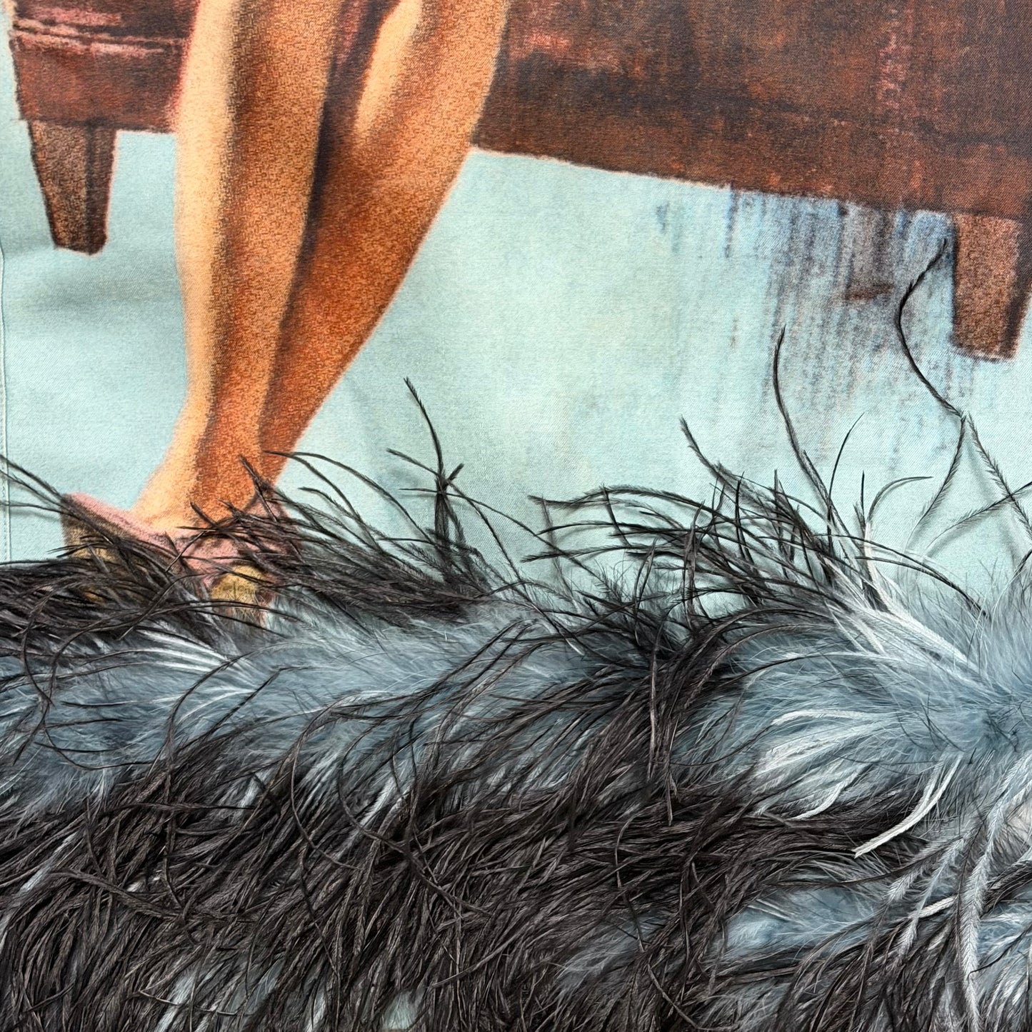 PRADA Fall Winter 2017 Robert McGinnis Illustrated Feather-Trimmed Midi Dress