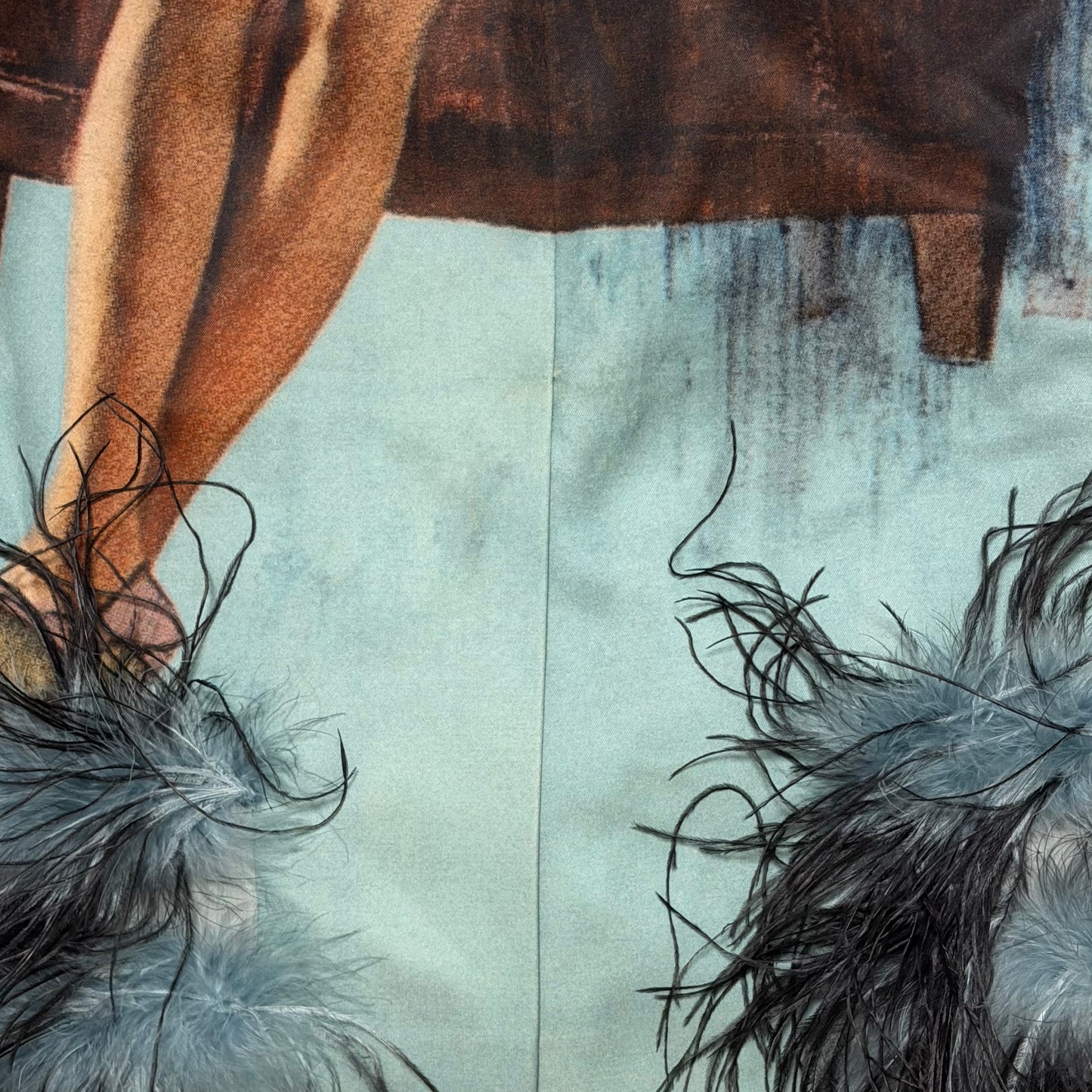 PRADA Fall Winter 2017 Robert McGinnis Illustrated Feather-Trimmed Midi Dress