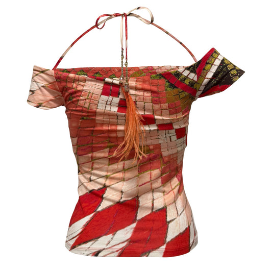 ROBERTO CAVALLI Spring Summer 2004 Abstract Print Off-Shoulder Top with Crystal & Feather Charms