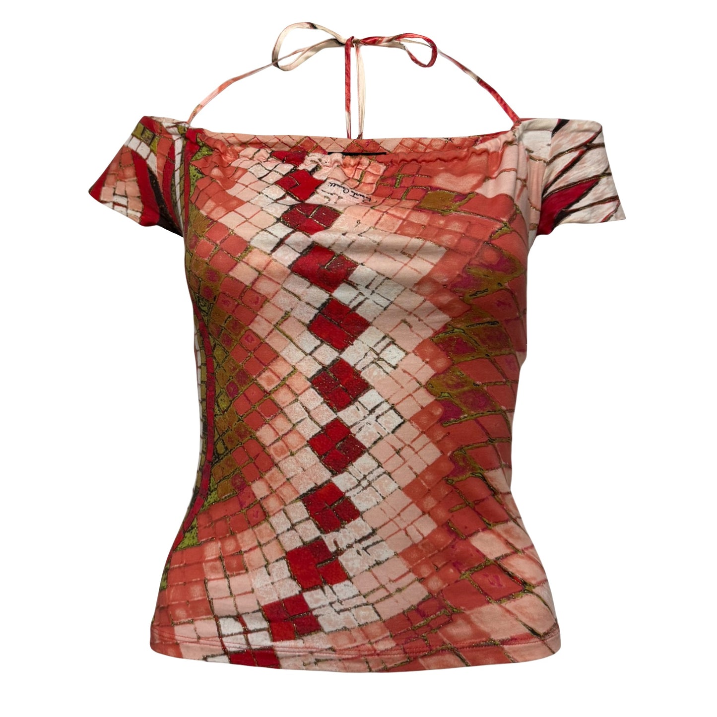 ROBERTO CAVALLI Spring Summer 2004 Abstract Print Off-Shoulder Top with Crystal & Feather Charms