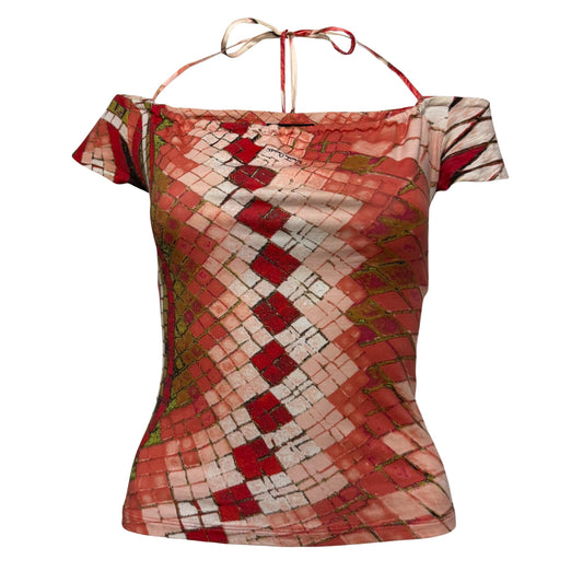 ROBERTO CAVALLI Spring Summer 2004 Abstract Print Off-Shoulder Top with Crystal & Feather Charms