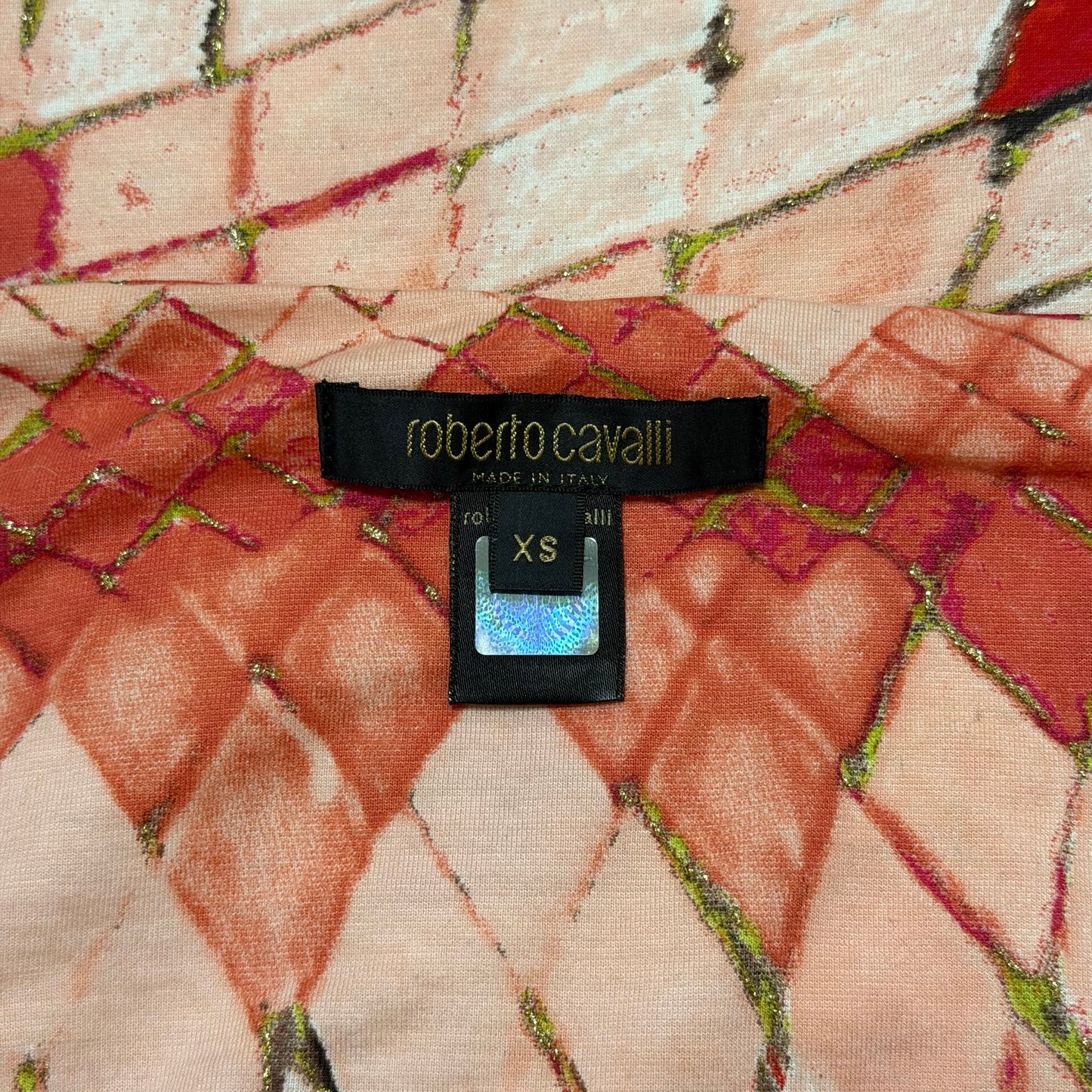ROBERTO CAVALLI Spring Summer 2004 Abstract Print Off-Shoulder Top with Crystal & Feather Charms