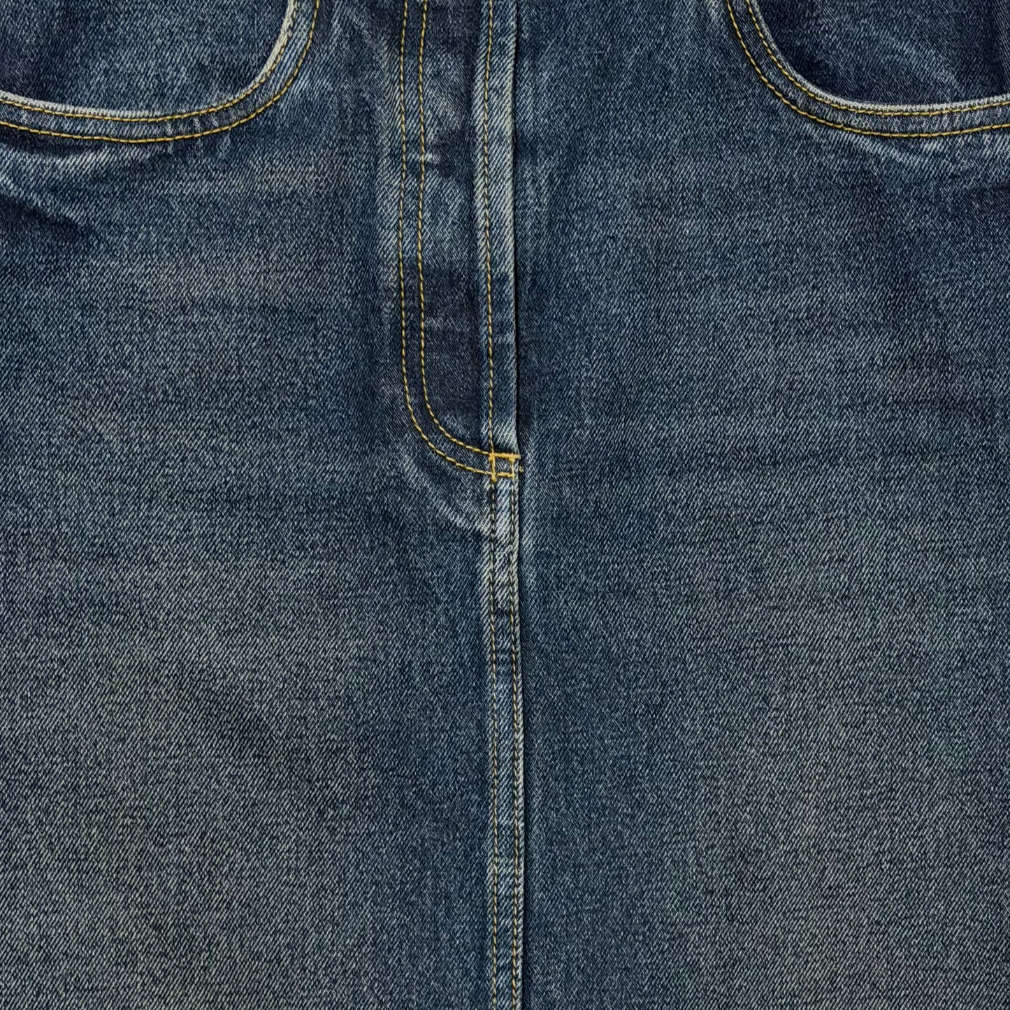 PRADA High-Waisted Denim Midi Skirt with Back Logo Plaque