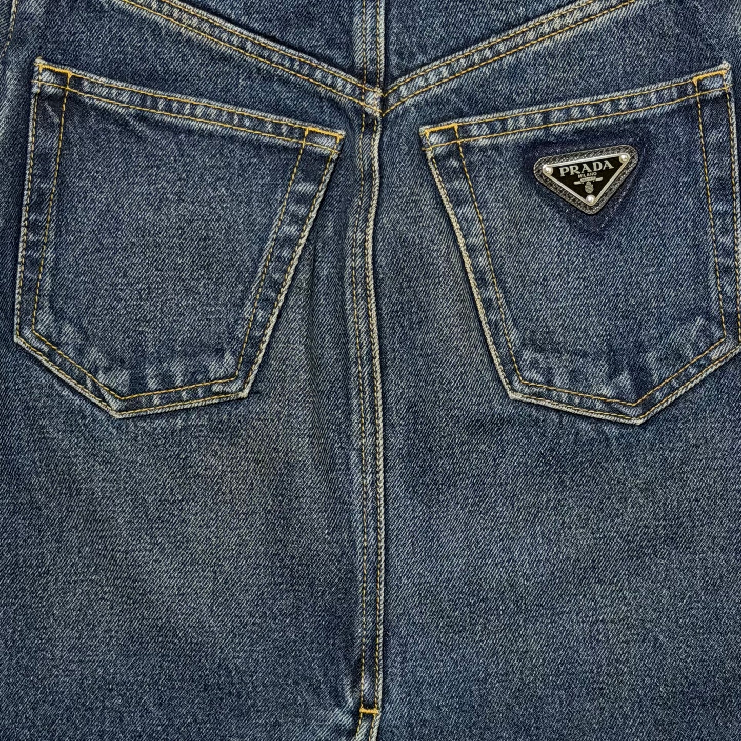 PRADA High-Waisted Denim Midi Skirt with Back Logo Plaque