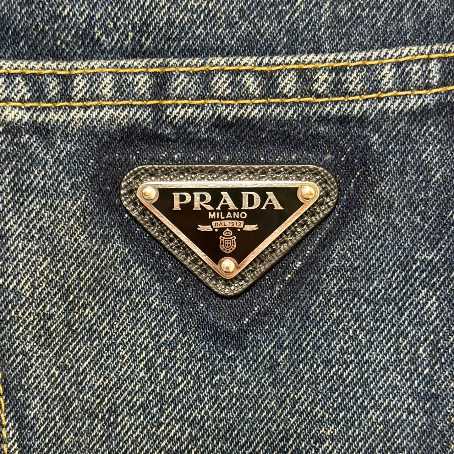 PRADA High-Waisted Denim Midi Skirt with Back Logo Plaque