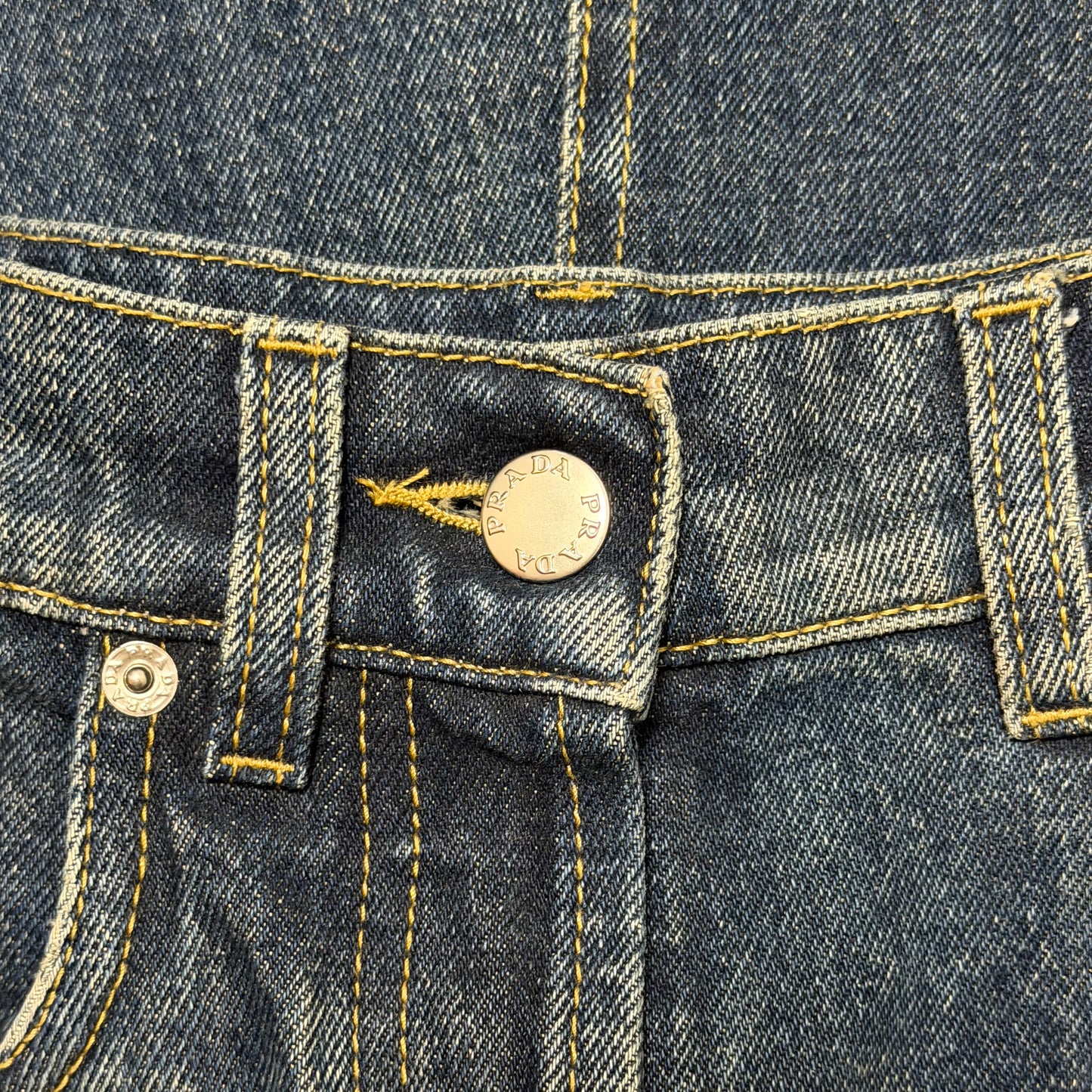 PRADA High-Waisted Denim Midi Skirt with Back Logo Plaque