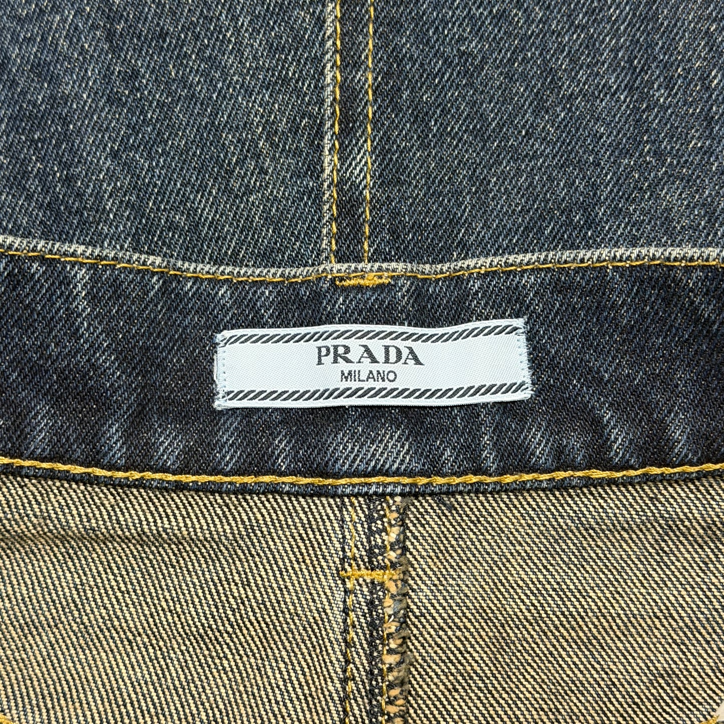PRADA High-Waisted Denim Midi Skirt with Back Logo Plaque
