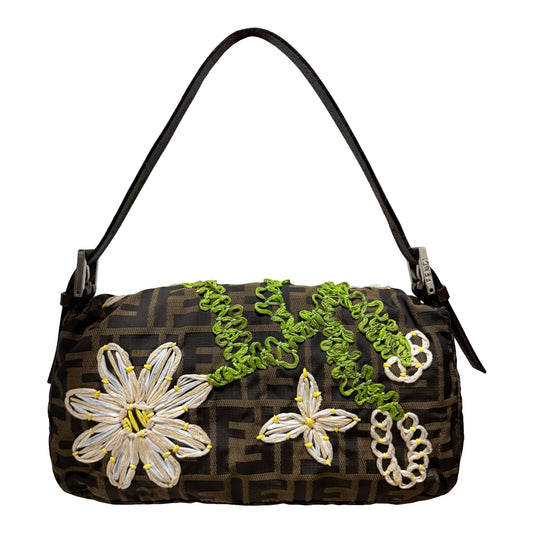 FENDI Vintage Zucca Flower Embroidered Baguette Bag