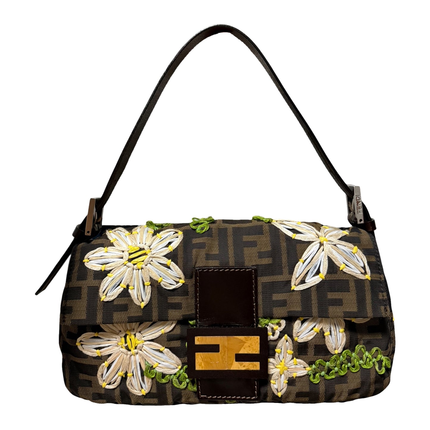 FENDI Vintage Zucca Flower Embroidered Baguette Bag