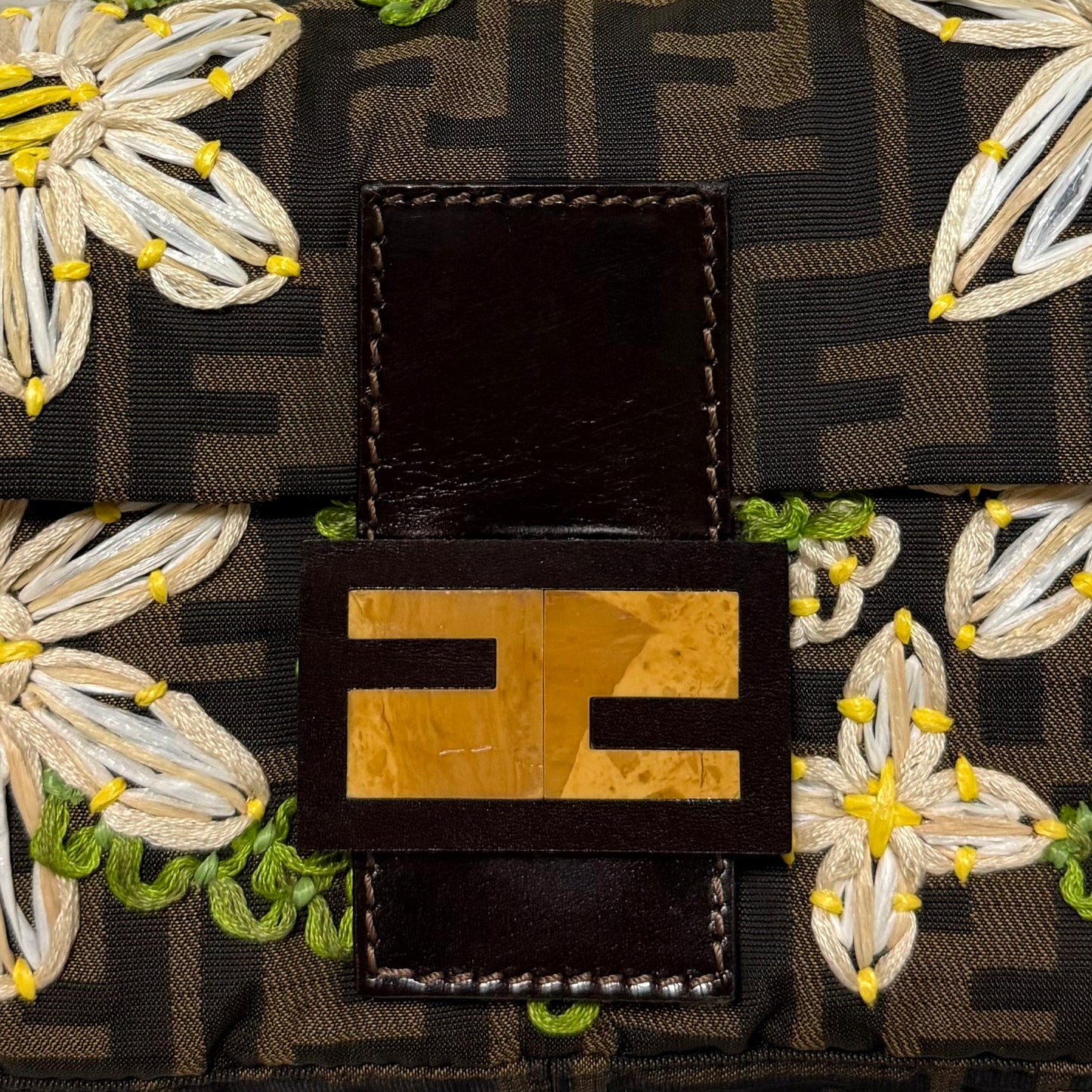 FENDI Vintage Zucca Flower Embroidered Baguette Bag
