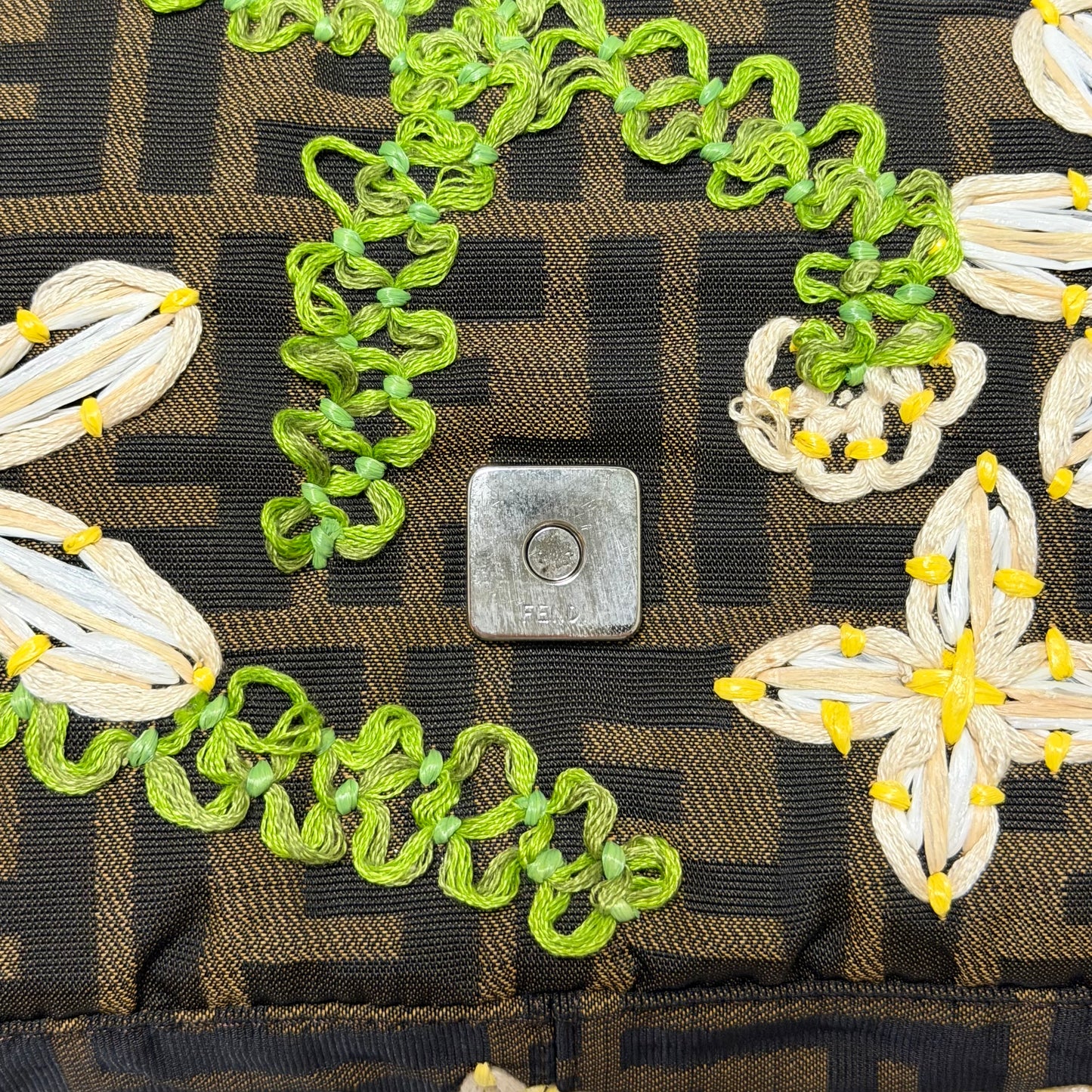 FENDI Vintage Zucca Flower Embroidered Baguette Bag