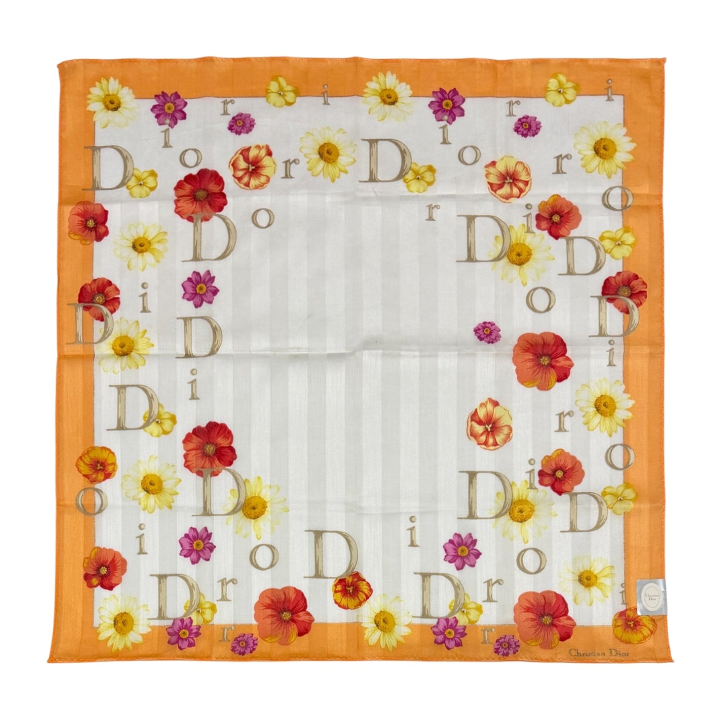 CHRISTIAN DIOR Vintage Floral Logo Striped Cotton Scarf