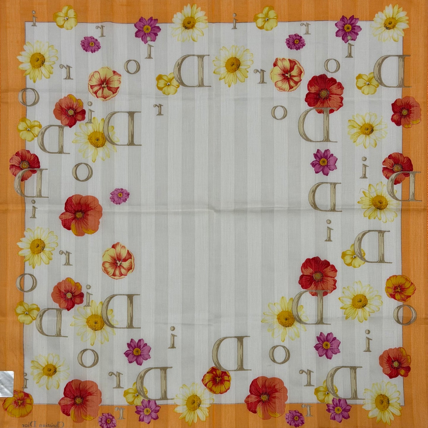 CHRISTIAN DIOR Vintage Floral Logo Striped Cotton Scarf