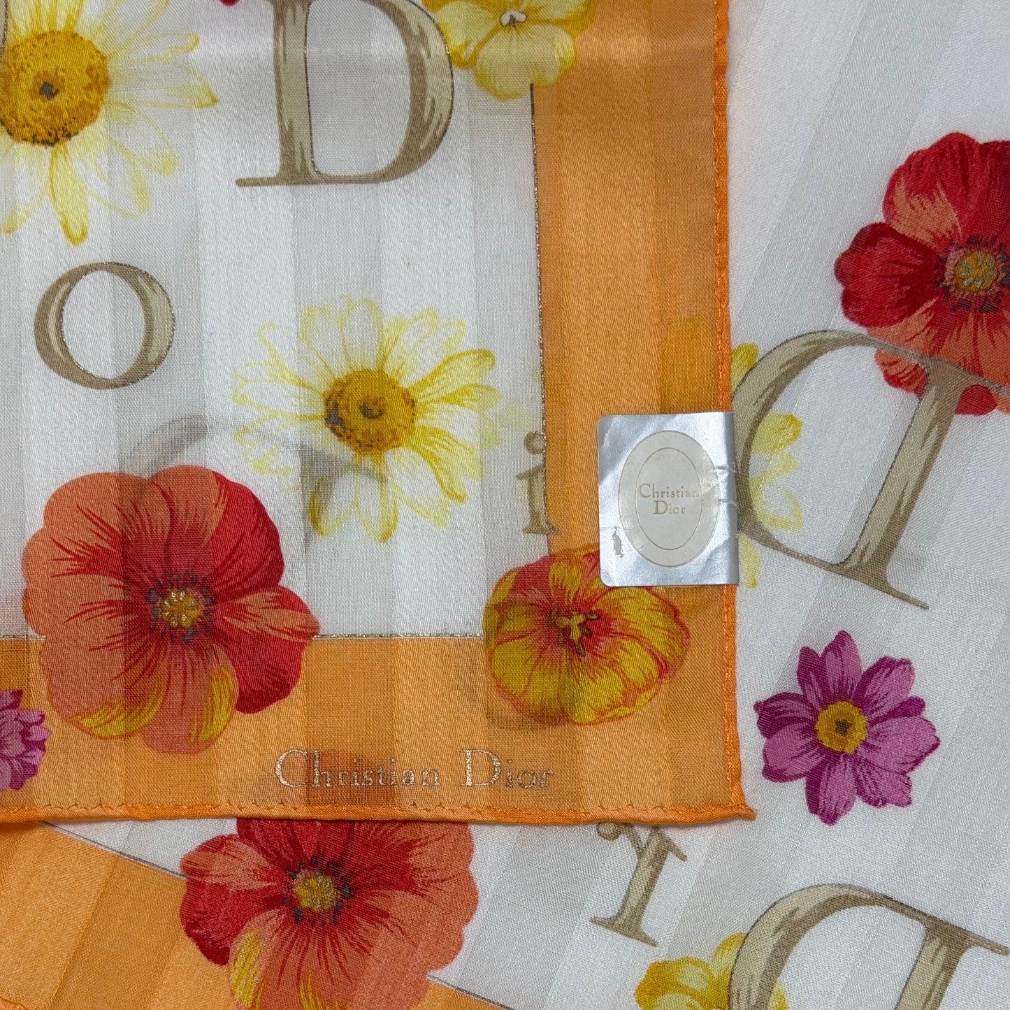 CHRISTIAN DIOR Vintage Floral Logo Striped Cotton Scarf