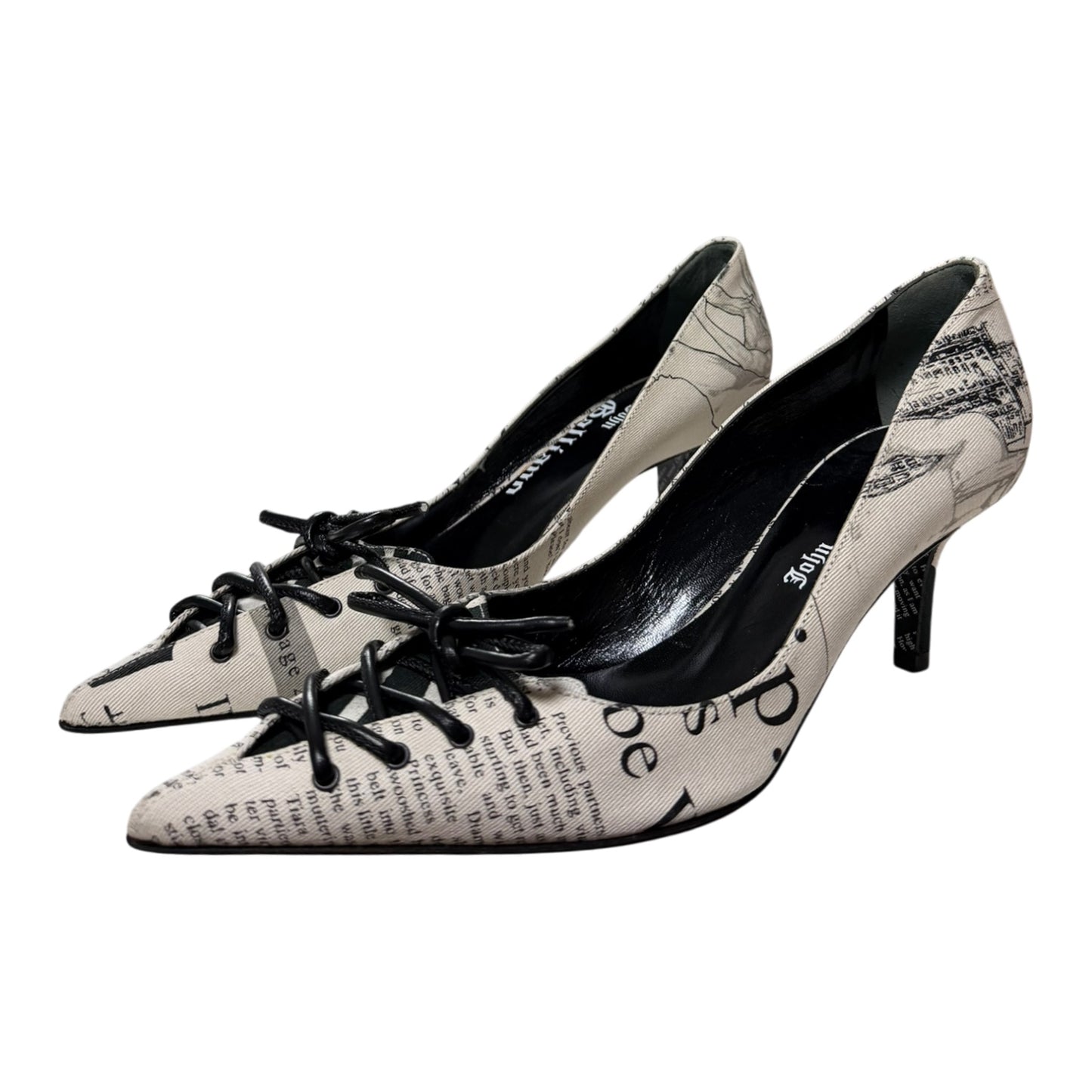 JOHN GALLIANO 2005 Galliano Gazette Newspaper Print Lace-Up Pointed Pumps