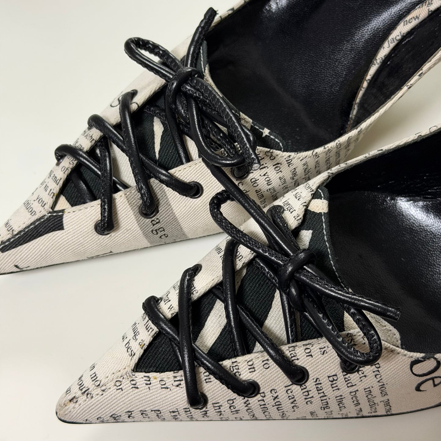 JOHN GALLIANO 2005 Galliano Gazette Newspaper Print Lace-Up Pointed Pumps