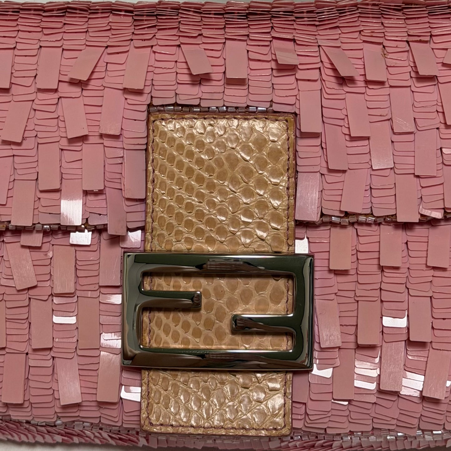 FENDI 1998 Vintage Pink Rectangular Sequin Baguette with Python Trim