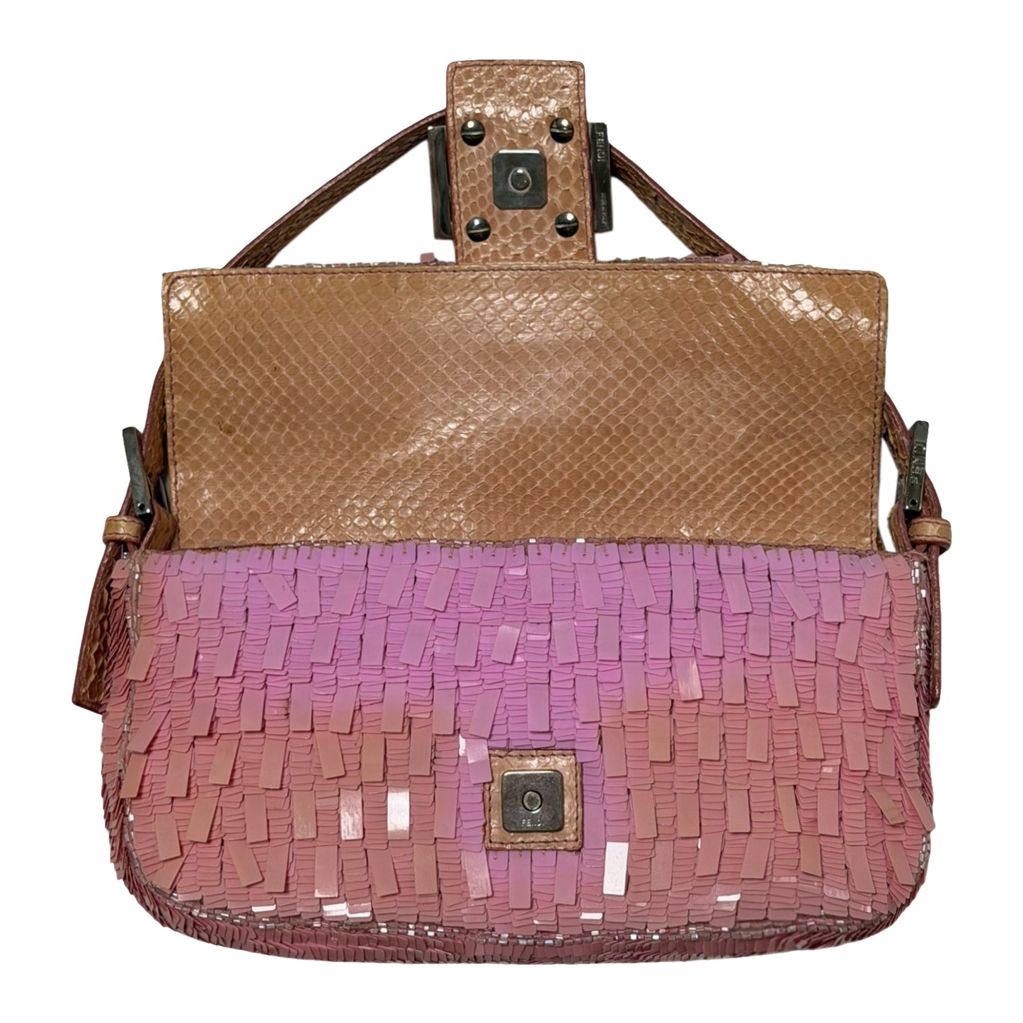FENDI 1998 Vintage Pink Rectangular Sequin Baguette with Python Trim