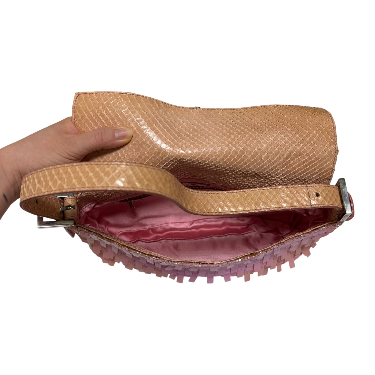 FENDI 1998 Vintage Pink Rectangular Sequin Baguette with Python Trim
