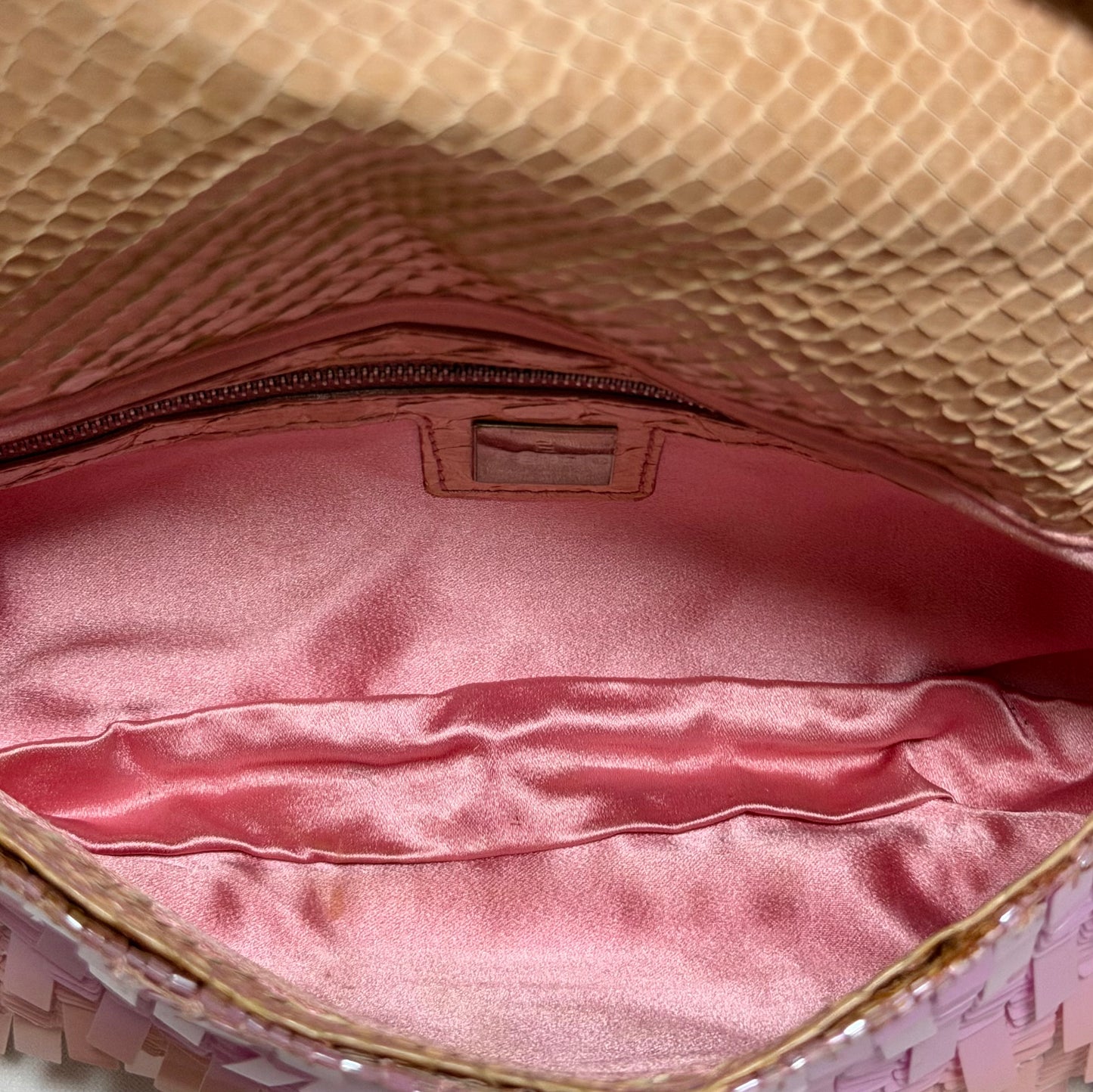 FENDI 1998 Vintage Pink Rectangular Sequin Baguette with Python Trim