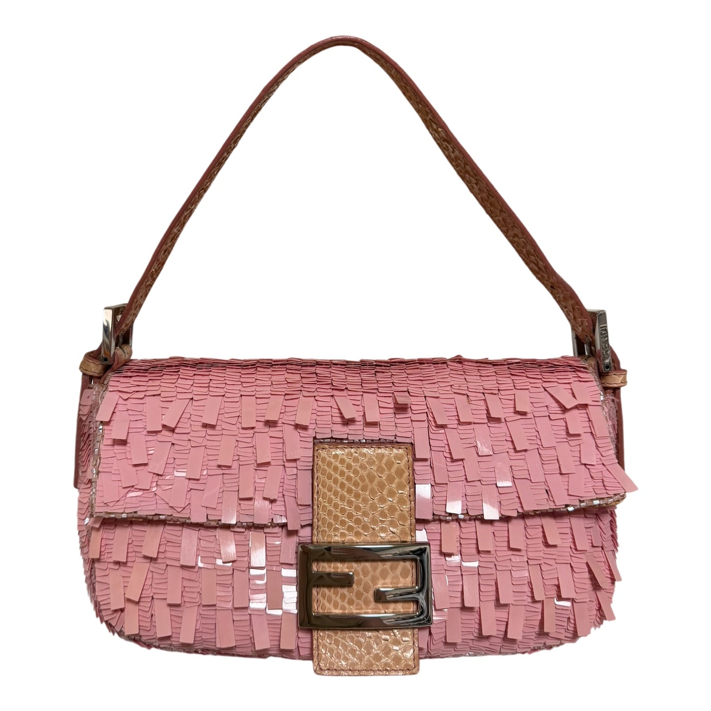 FENDI 1998 Vintage Pink Rectangular Sequin Baguette with Python Trim