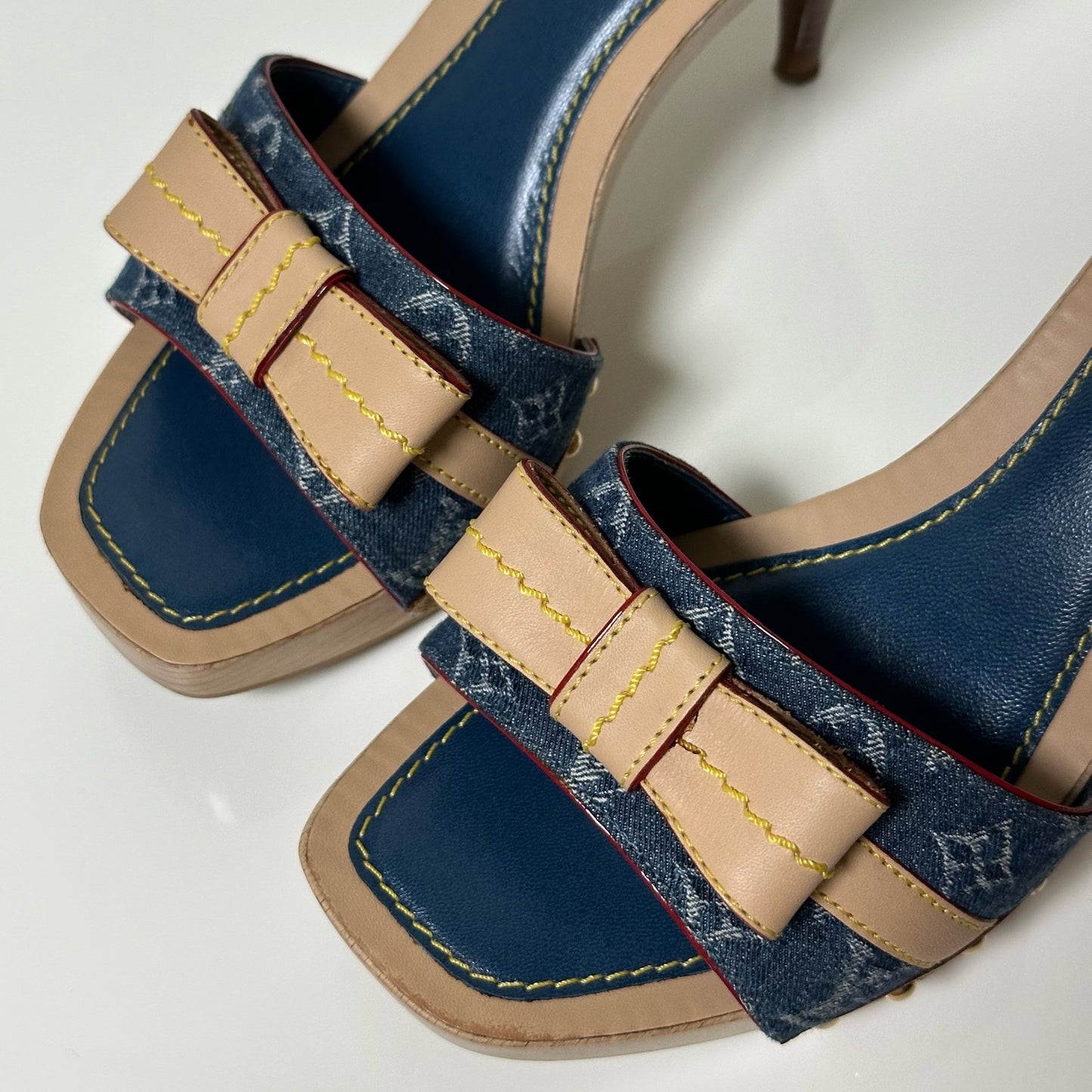 LOUIS VUITTON Monogram Denim Leather Bow Slide Platform Sandals