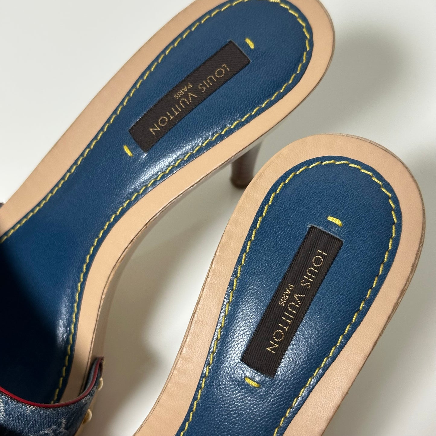 LOUIS VUITTON Monogram Denim Leather Bow Slide Platform Sandals